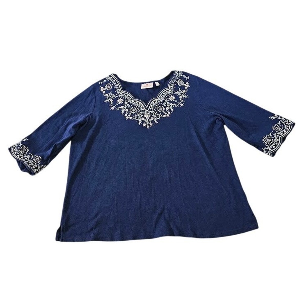 Quacker Factory Navy Blue Embroidered V-Neck Top 2X Cotton Boho Shirt